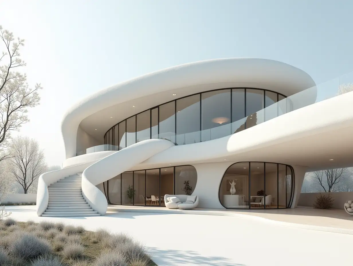 Curvilinear house with dike in White-with stucco in the form of plant ornaments, large windows with glass to, curved, smooth window shapes, winding grand entrance staircase complex curved roof