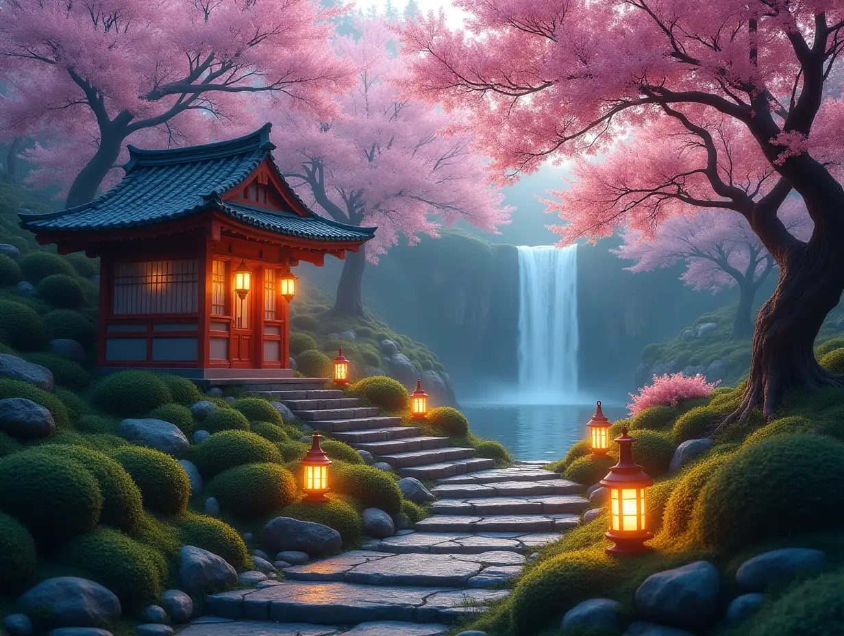 Tranquil-JapaneseInspired-Shrine-with-Cherry-Blossoms-and-Waterfall