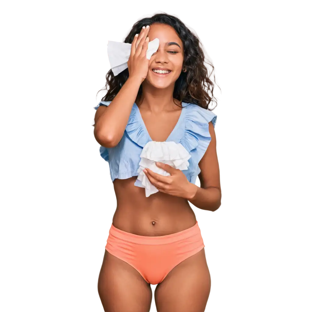 Cute-Laughing-Girl-PNG-Image-with-Dark-Skin-Wiping-Face-with-Tissue