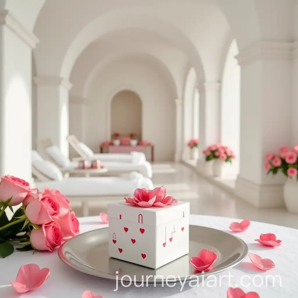 Luxurious-Spa-with-White-Walls-Red-Heart-Gift-Box-and-Rose-Bouquets