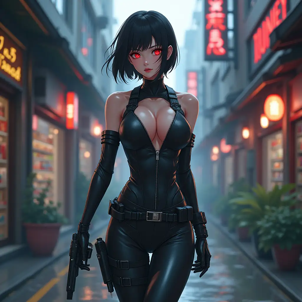 Short hair, mature Asian woman thief cyber runner in a dynamic full-length pose, eyes with red electronic pupils, large breast, extreme skintight body glove zipped down with cleavage, combat boots and combat belt. Full view of her body from boots up, low wide angle. Future store filled city alley street. Anime