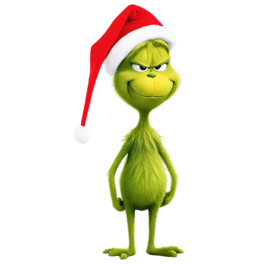 I want the Grinch drawn and positioned in profile, like a face of evil. with Christmas hat