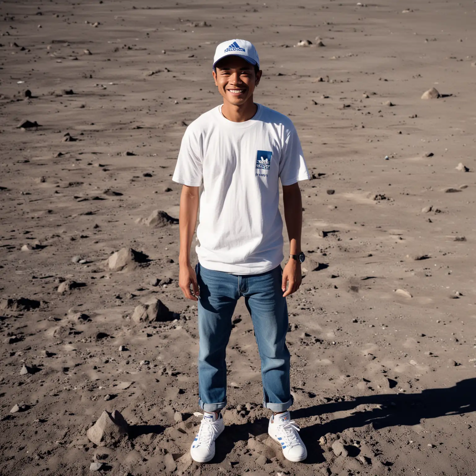 A thin Indonesian man with a smile, wearing a baseball cap and a white Adidas t-shirt, blue jeans, and sports shoes, stands on the moon's surface