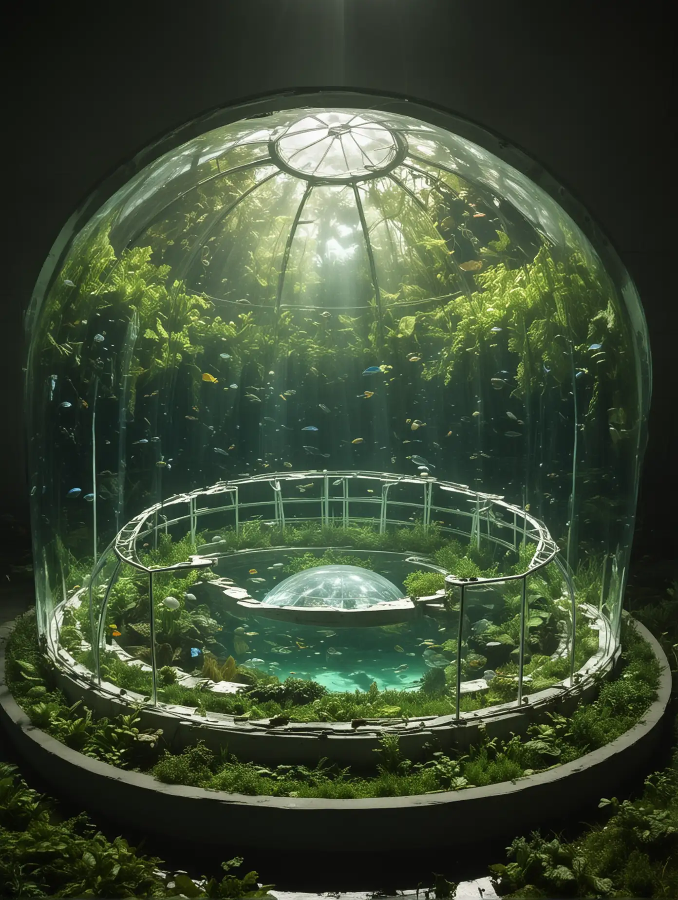 dome-half sphere underwater, with white framework, lit from the inside with a central column that holds the entire dome frame, dome is on a round platform around the perimeter of the dome, inside the dome green parks, farm, two tier city