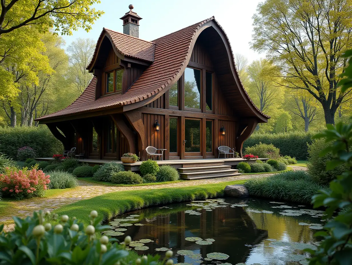 crooked house pond in the garden  Bepflanzung-Holz Stuck in the form of,large windows with glass to, curved, smooth window shapes, winding large entrance steps made of wood Complex curved roof with teich ,Laternen,Bank Apple tree 4K resolution Colorful superWide-angle shots