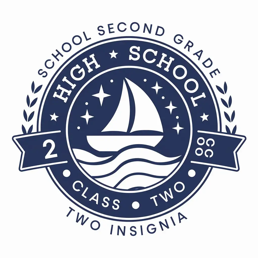 LOGO-Design-For-High-School-Second-Grade-Class-2-Insignia-Blue-Tone-with-Sailboat-Stars-and-Waves