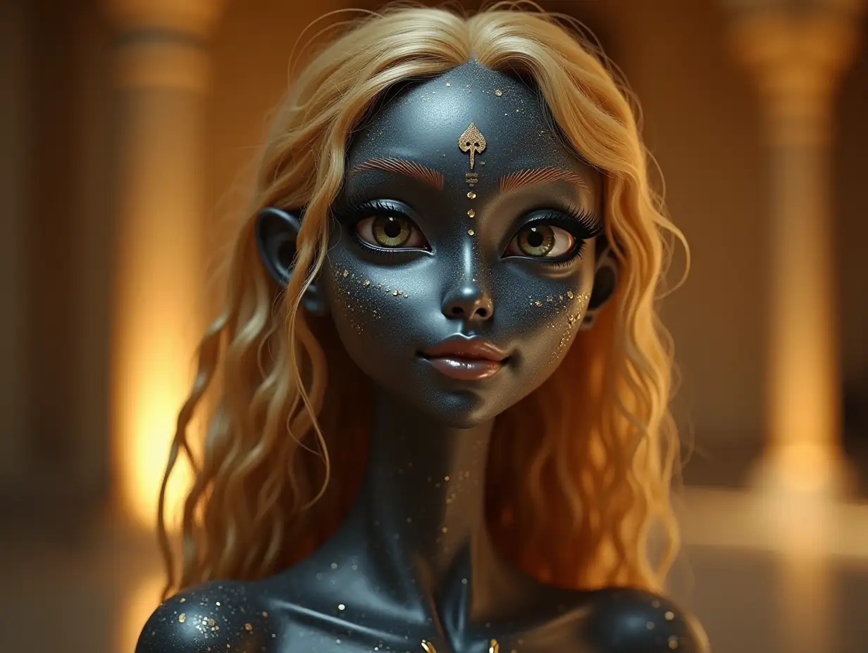 Young black and white pattern with Alien face, very long neck, with golden hair, with a slight smile on her face underlines her smile, modern, in a temple with much gold different shades 4k