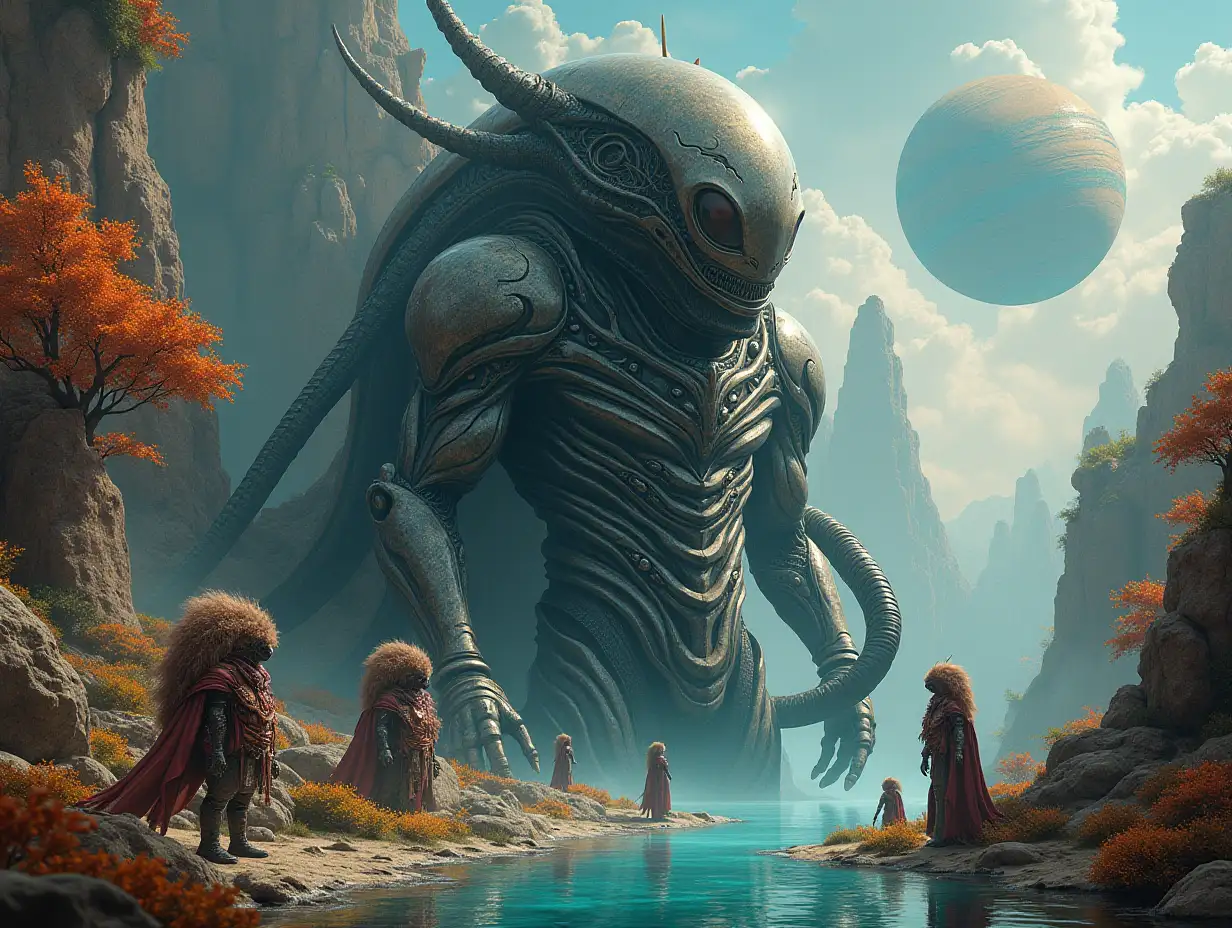 Hyperrealistic portrait of a Metal-Alien King, 15 meters high, with various small aliens with hairy giant alien snake servants with the elaborately detailed, colorful water planet with plant background