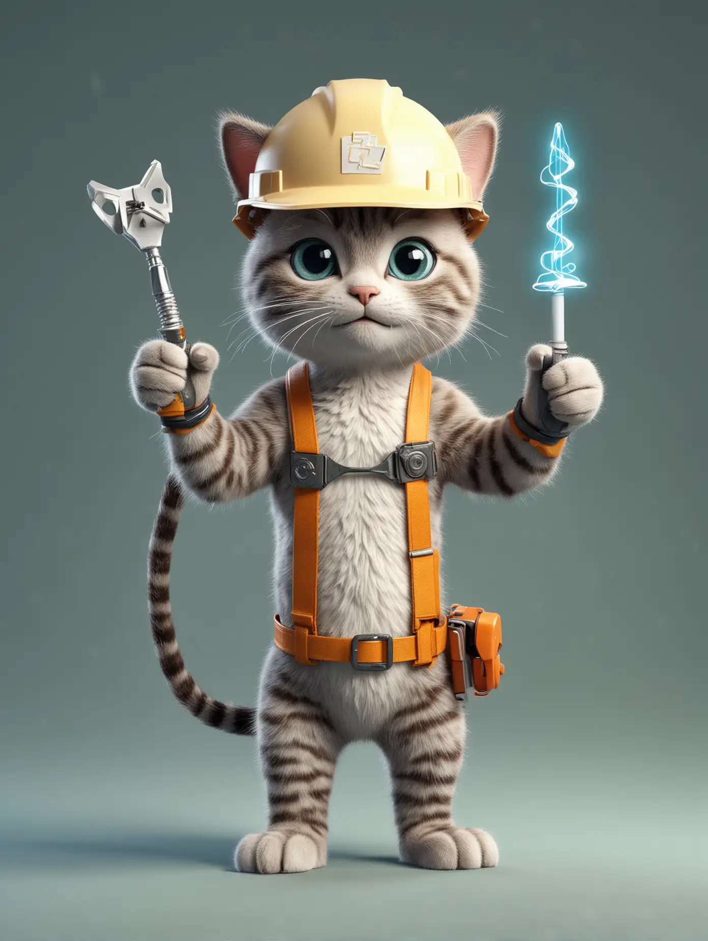 Greeting card for Energy Day. 3D. Electrician cat. There should be a text 'Happy Energy Day'