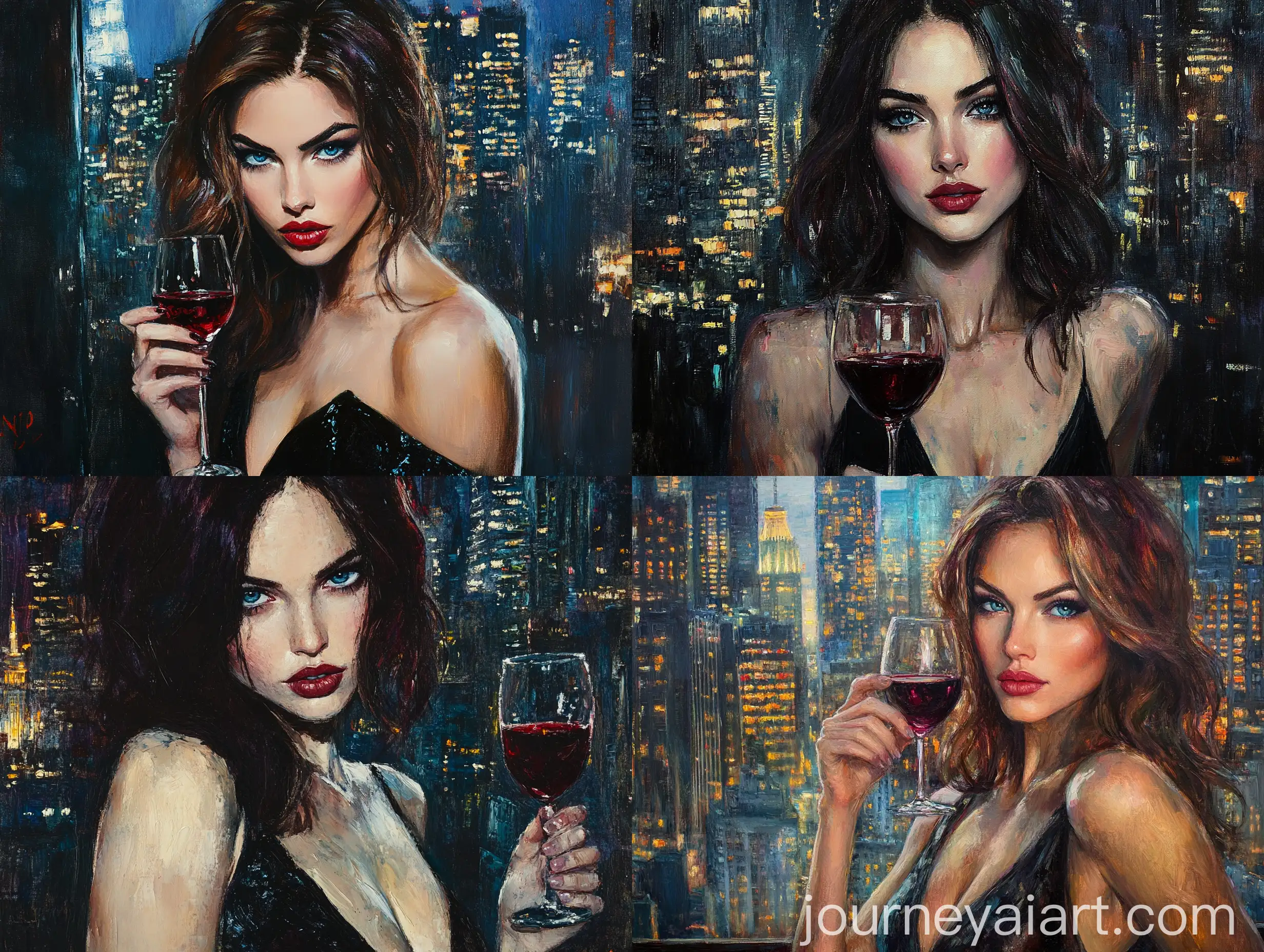 Elegant-Brunette-Woman-in-Black-Evening-Dress-with-Red-Wine-in-Nightcity