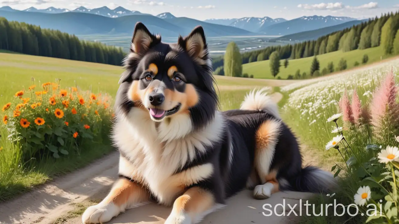 BlackWhiteBeige-Finnish-Lapphund-and-Haflinger-Horse-on-a-Sunny-Path