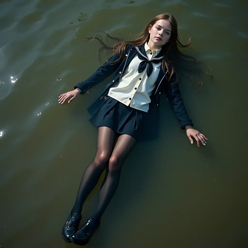 Schoolgirl in a school uniform, in a skirt, jacket, blouse, dark tights, high-heeled shoes. She is swimming in a dirty pond, lying underwater, all her clothes are completely wet, wet clothes stick to her body, the whole body is underwater, submerged in water, under the surface of the water, below the water's edge. Wet clothes. Underwater. Wetlook.