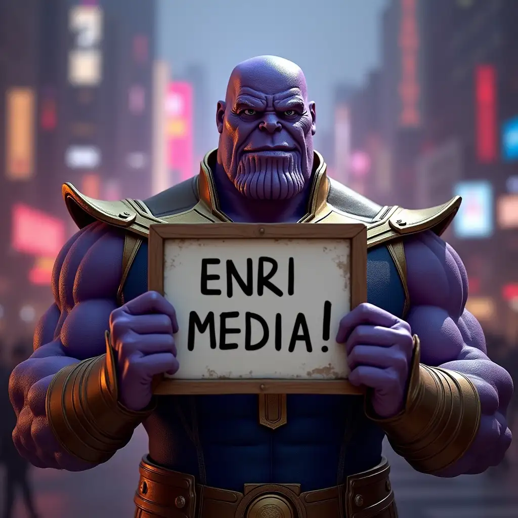 Marvel character Thanos holding a sign board written on that 'ENRI MEDIA' in a mocking expression,with background full of camera flashing,4k