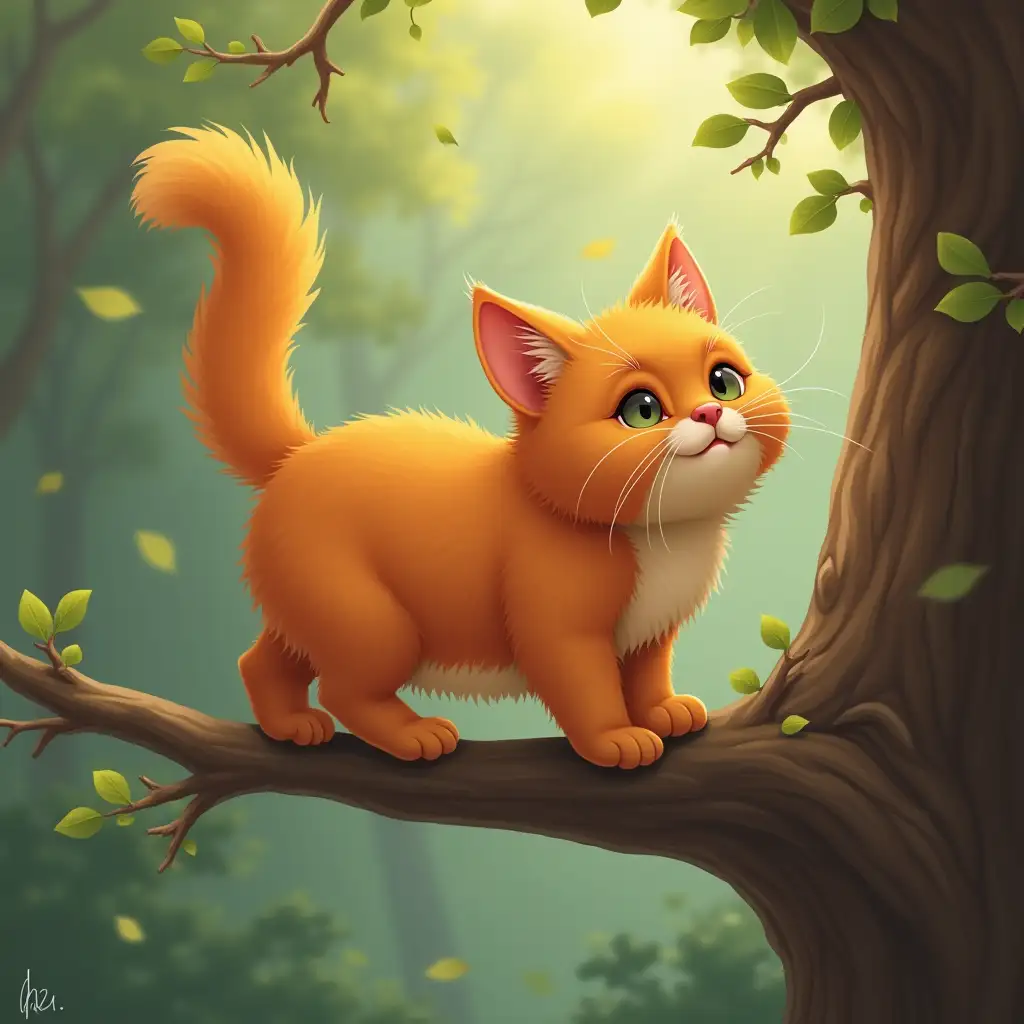 Orange cat, chubby, long ear, in the top of tree, try to fly using tail like a helicopter