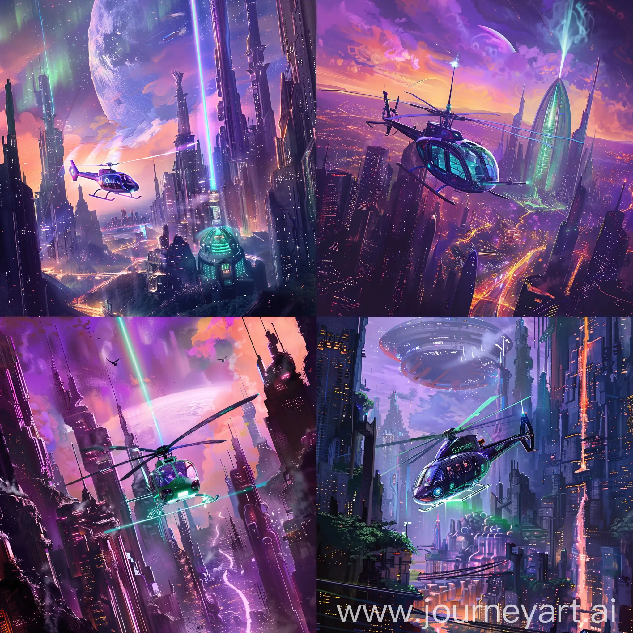 Future-City-Panorama-with-Modern-Skyscrapers-and-Ancient-Ruins-Against-a-Purple-Aurora-Background