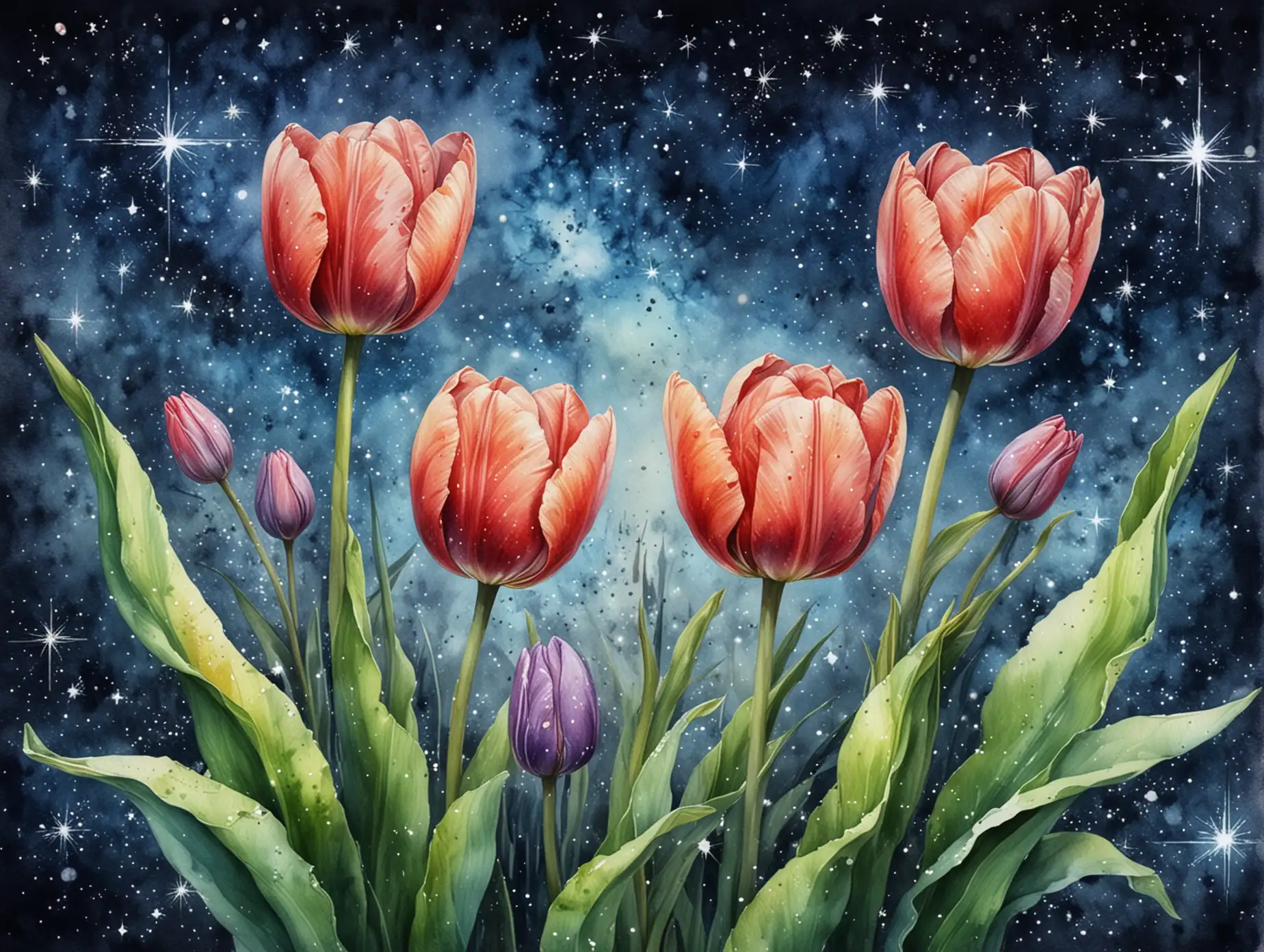 Watercolor-Tulips-on-a-Starry-Night-Background