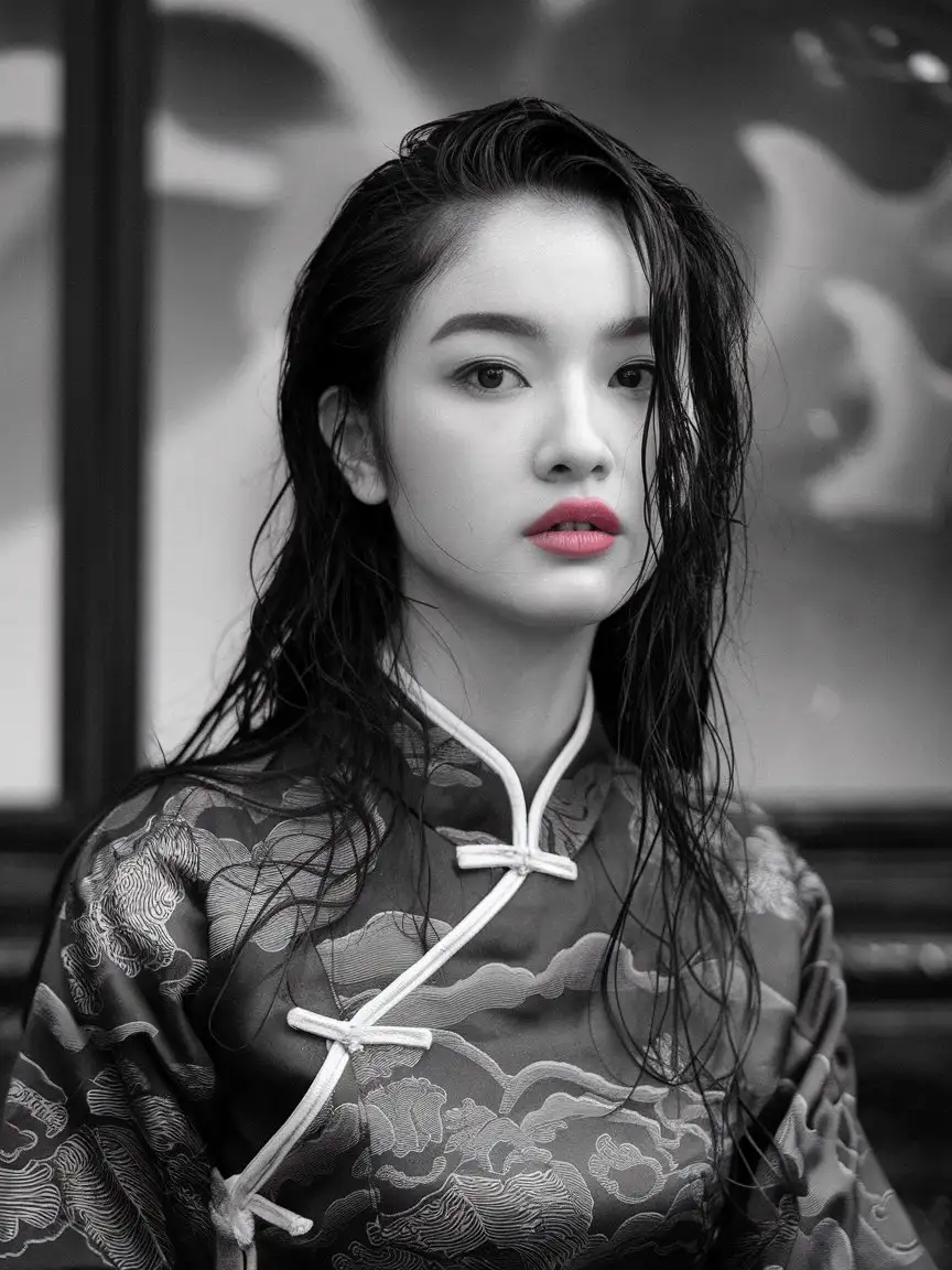 Stunning-Young-Chinese-Woman-with-Crimson-Lips-in-Monochrome-Photo