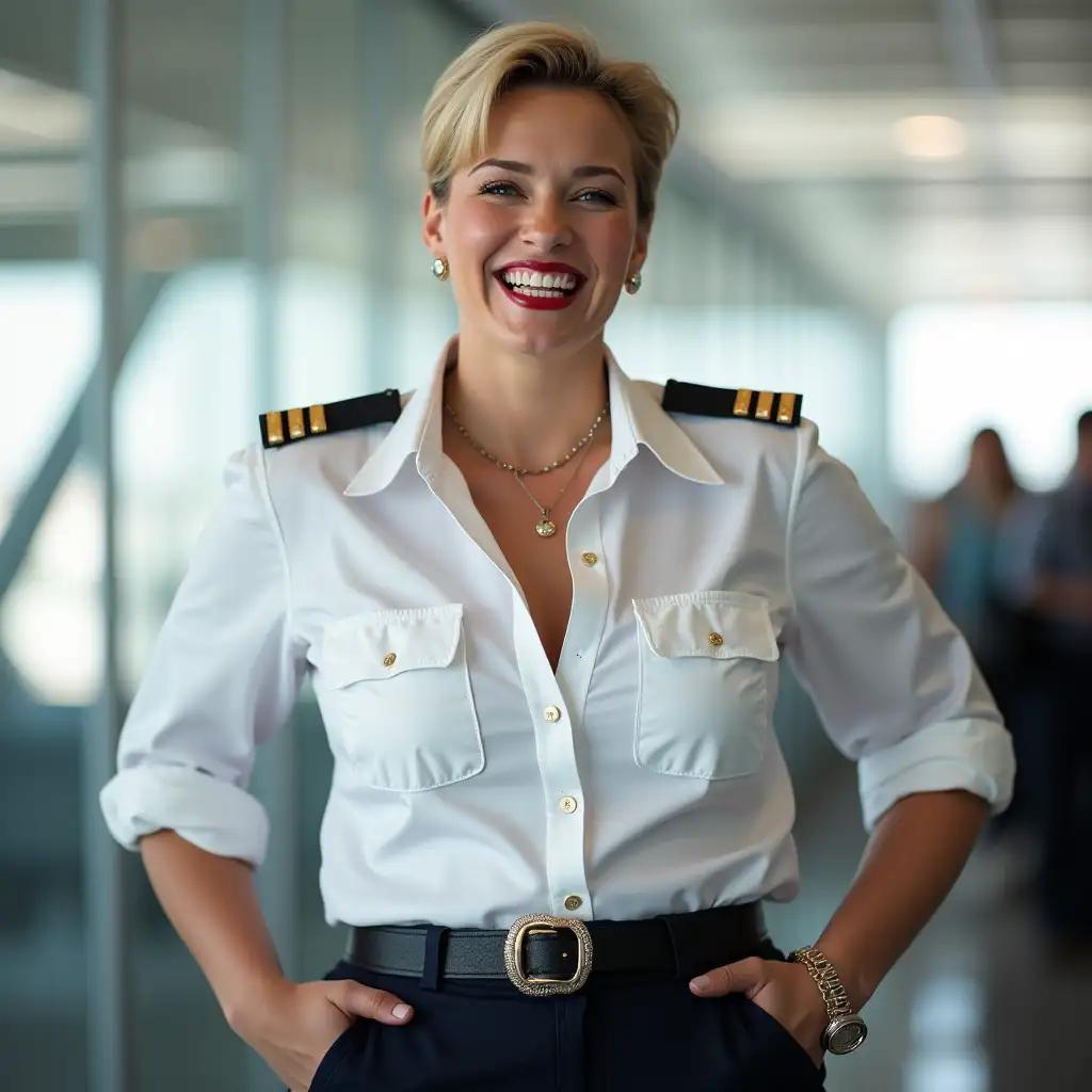 white norvegian curvy pilot lady, in white unbuttoned pilot shirt, laughing with her mouth open, red lipstick accentuating her smile,belt on waist, big wide hips, chest are fully grown, jewerly, short hair, HD, enjoing at airport , photo-realism