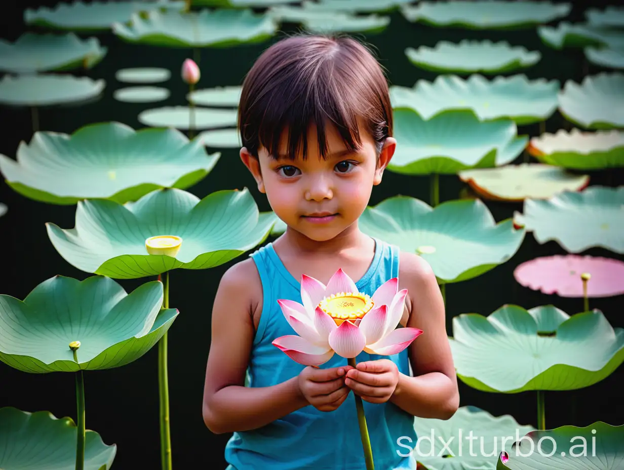 child holding a lotus flower