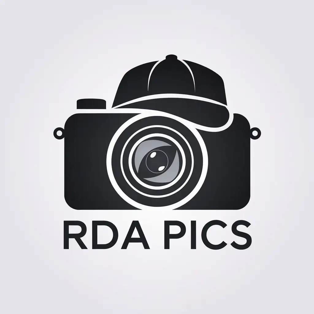 LOGO Design for Rda Pics Black Vector with Cap Photography Minimalistic Theme