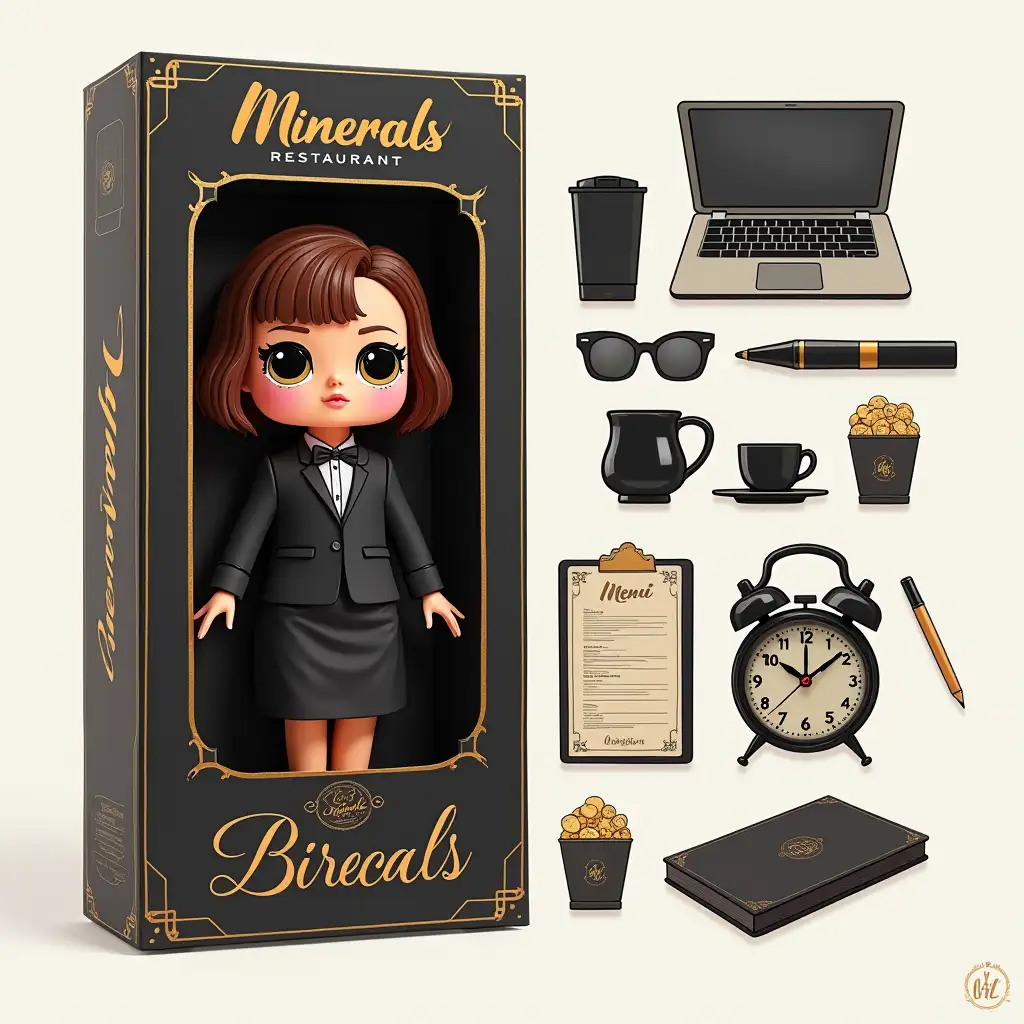 Draw a LOL doll based on the photo. in the style of a restaurant director. The toy should stand on the left side of the box at full height. The box is new with different stylish stickers in black and gold tones. To the right of the toy should be accessories related to the work of the restaurant director, such as a laptop, a menu, an alarm clock, a cup of coffee, a notebook with a pen. The toy and accessories are hermetically packed. There should also be an inscription Minerals restaurant on the top of the box.