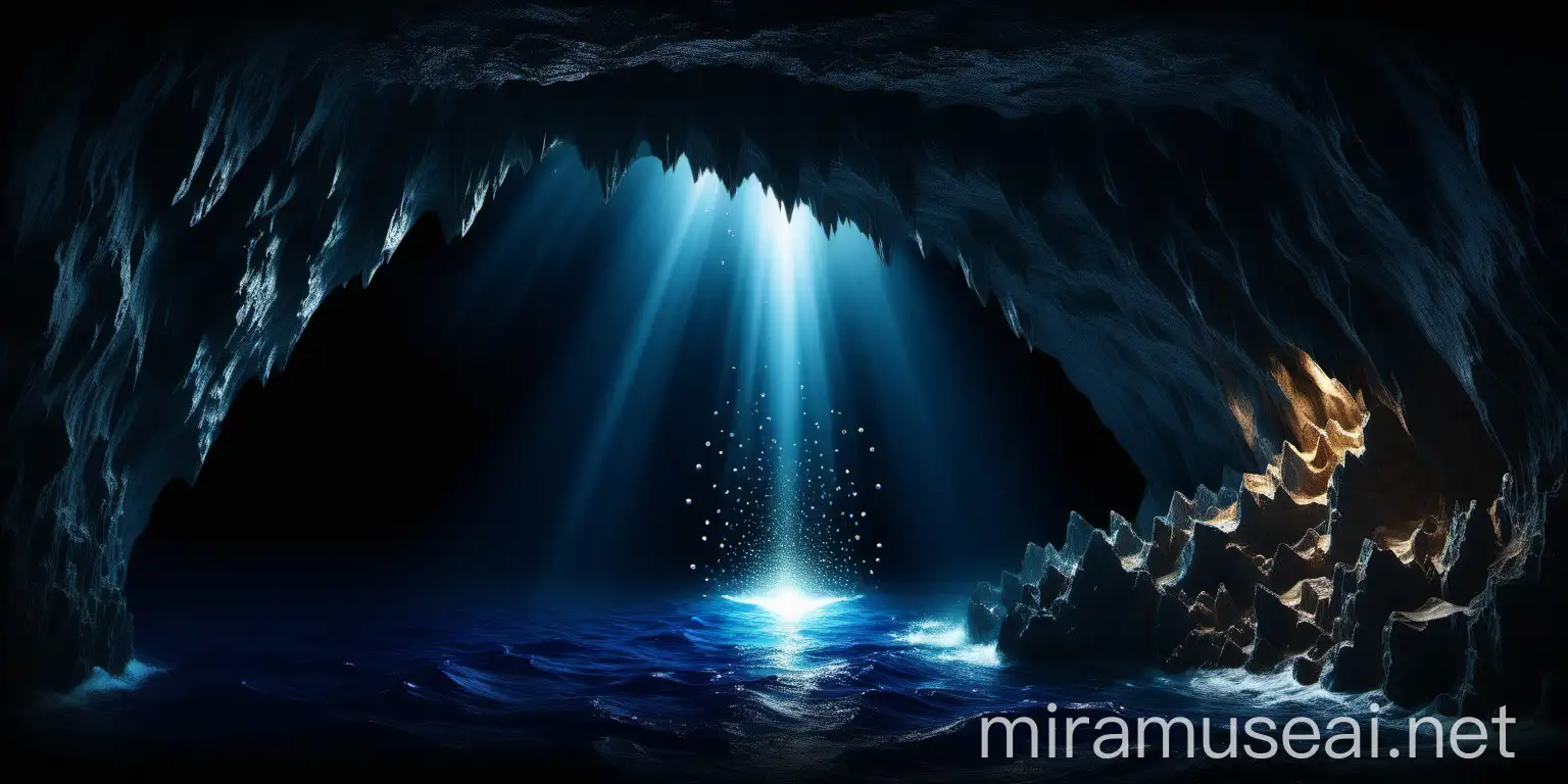 Mystical Cave with Pearls of Light in Dark Blue Sea