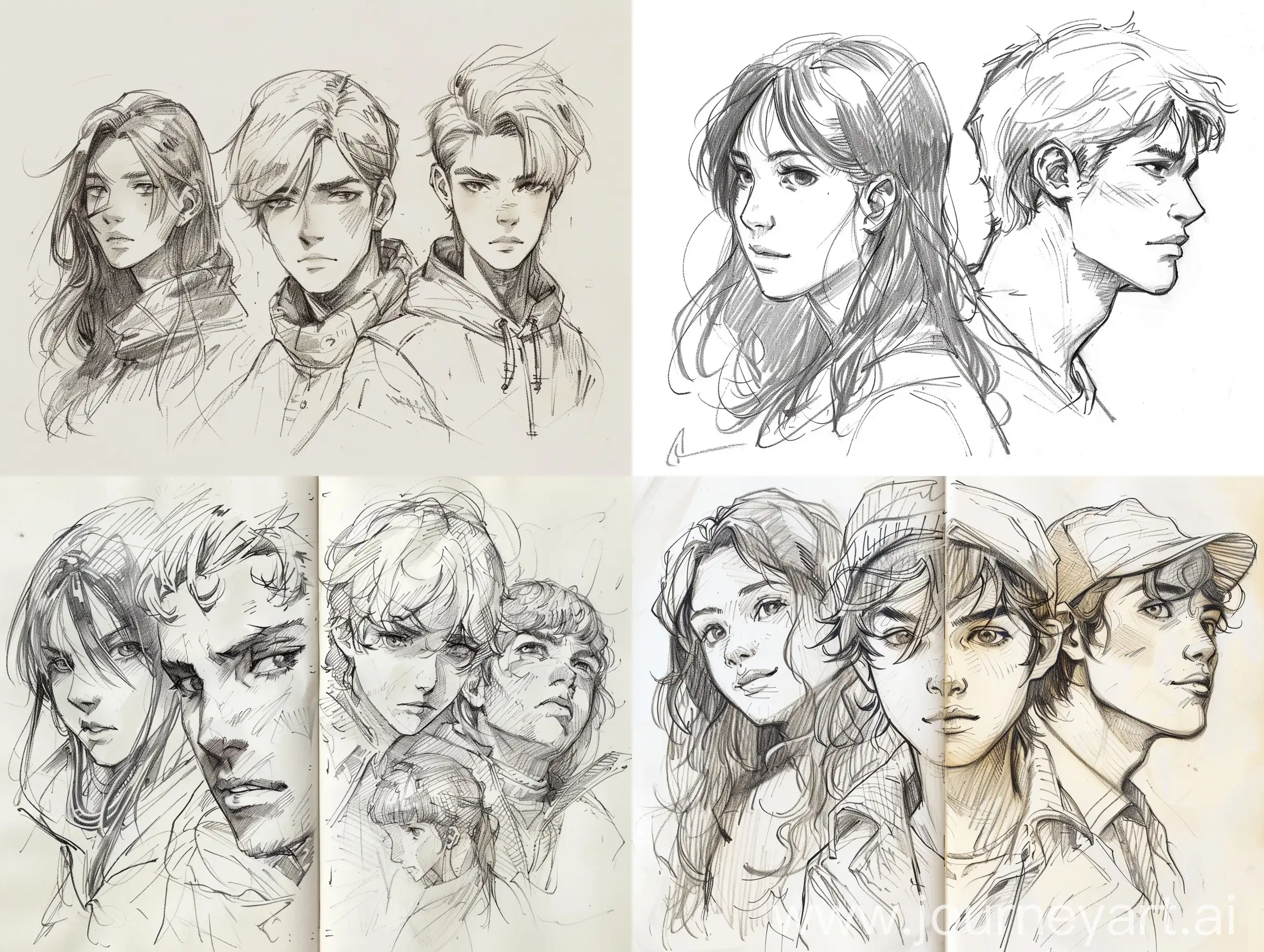 Sketches-of-Male-and-Female-Characters-in-Manga-Style-with-Unique-Hatching-Technique