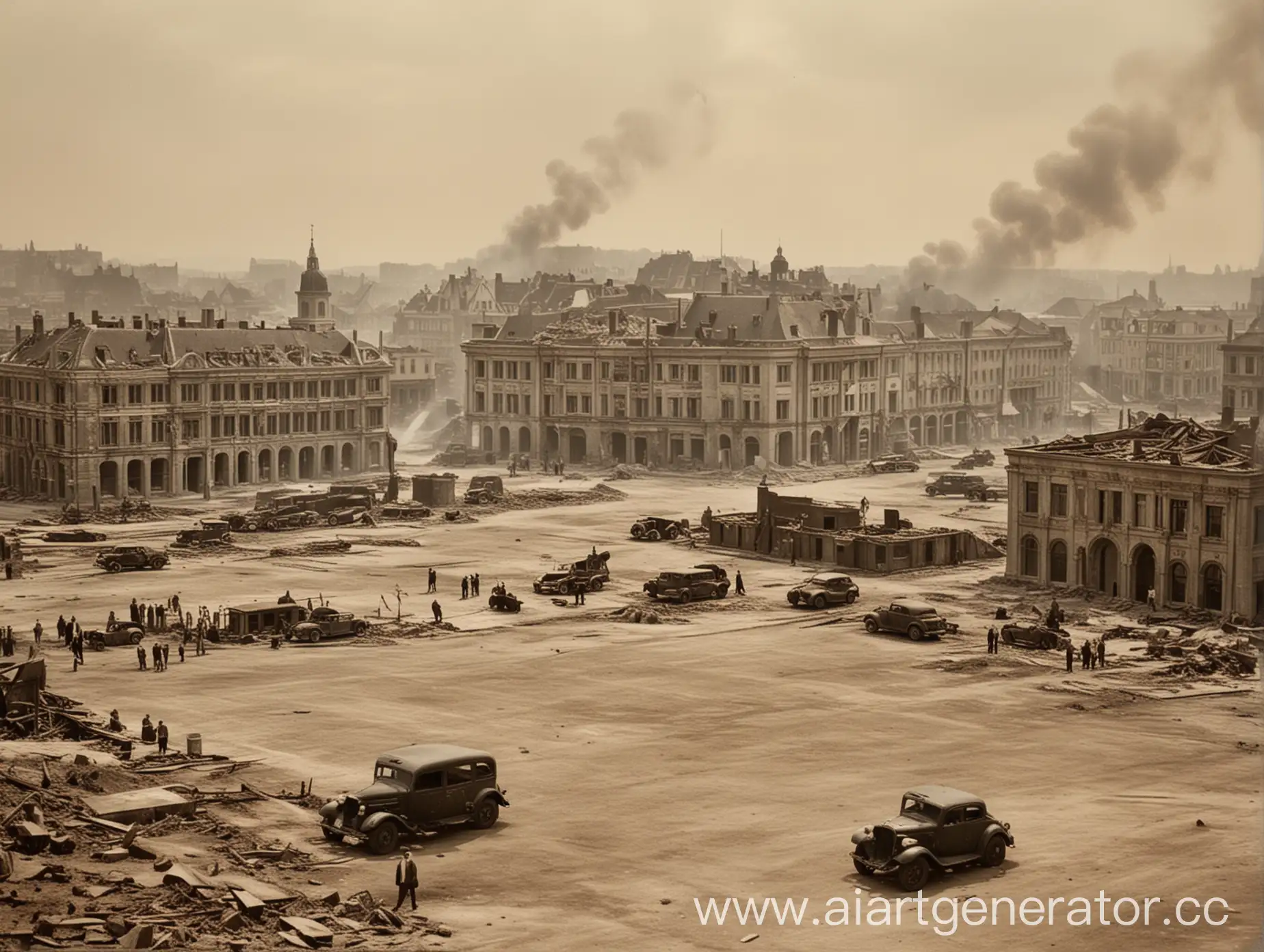 A city square with an administration building in the center, next to a car from the 1930s or 40s. The buildings resemble German ones from the 1930s or ancient times. There's destruction around, fires on the horizon and a blown-up tank from World War II.