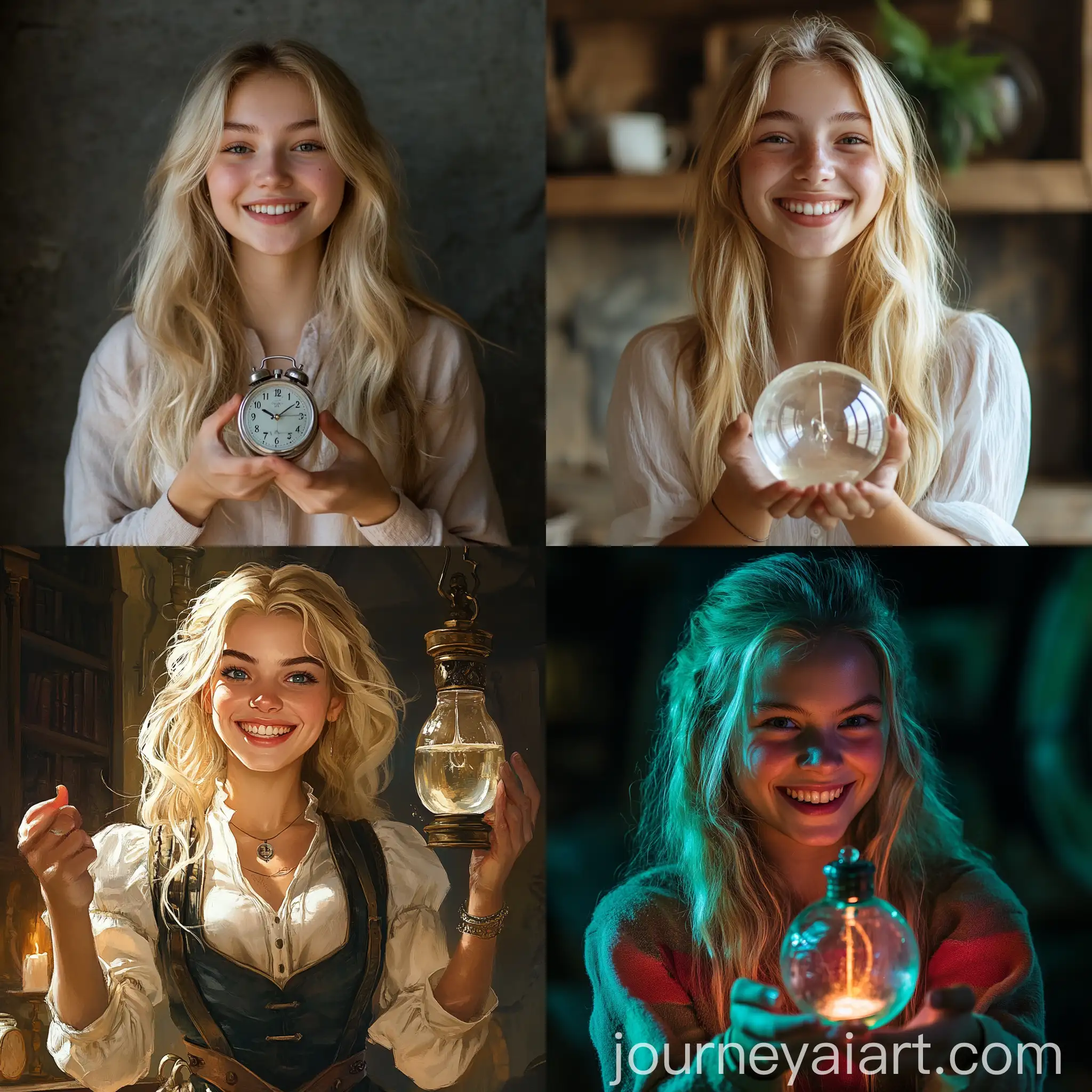 Blonde-Girl-Holding-Clepsydra-Water-Clock-and-Smiling