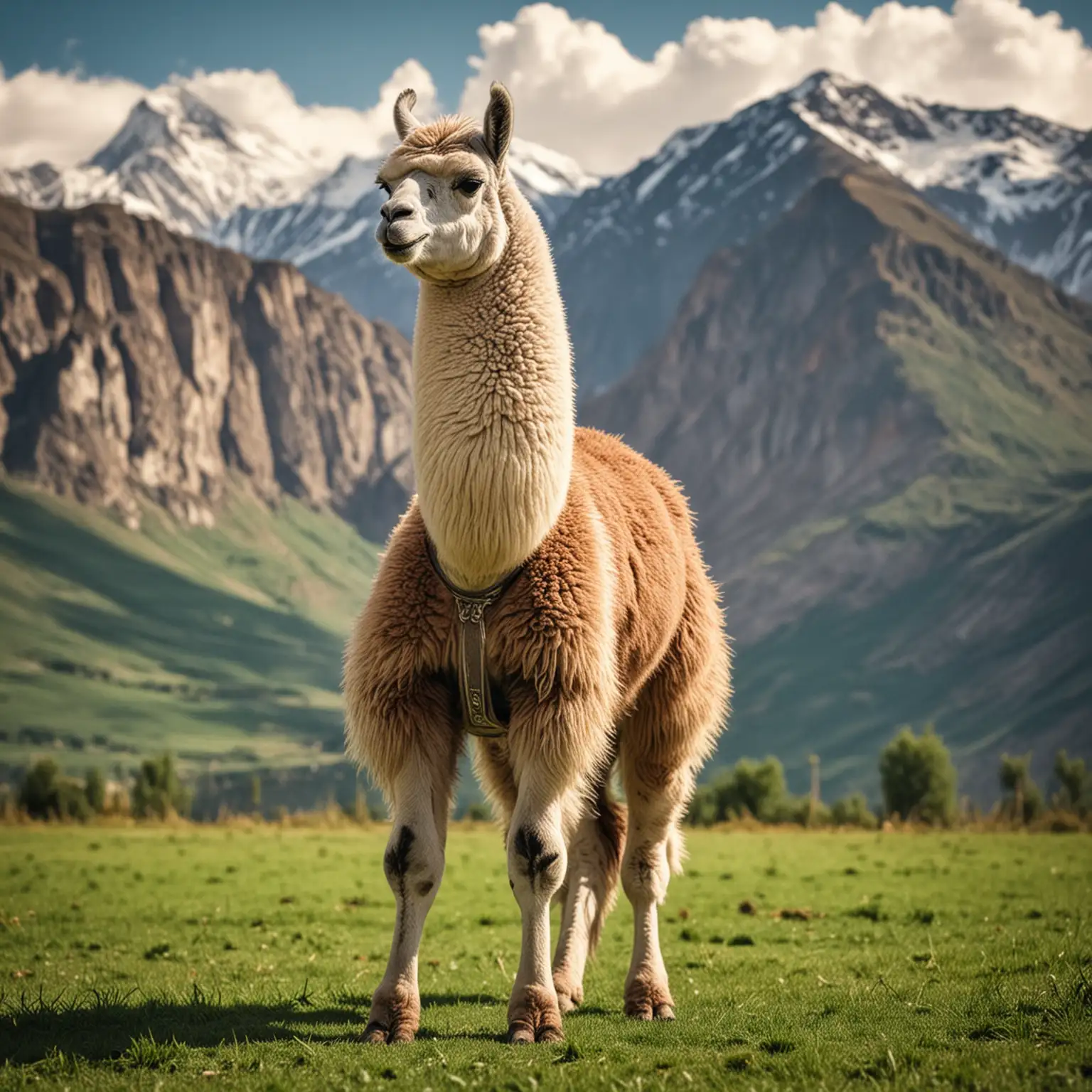 Lama that is on a green field, very muscular, muscles, trained, standing on two back legs, background has nice mountains