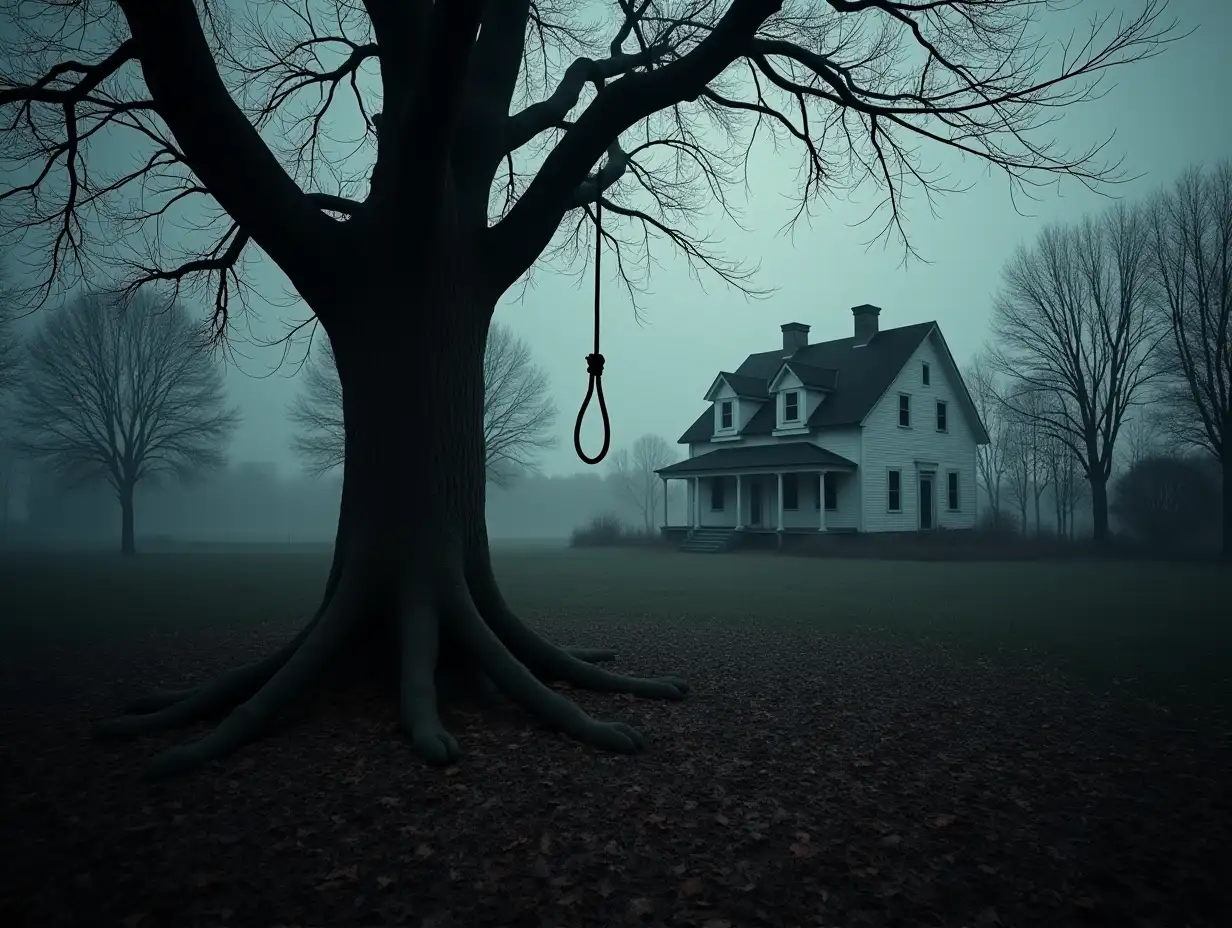 Haunting-farmhouse-sceneEerie-Haunted-Farmhouse-with-Barren-Tree-and-Noose-in-Dark-Cinematic-Horror-Setting