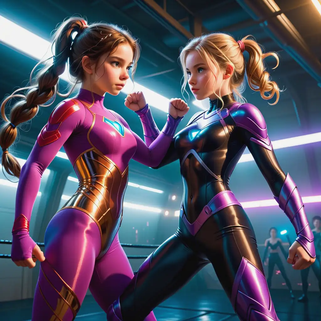 Futuristic Teen Girls Engaged in Dynamic Battle in Spandex Bodysuits