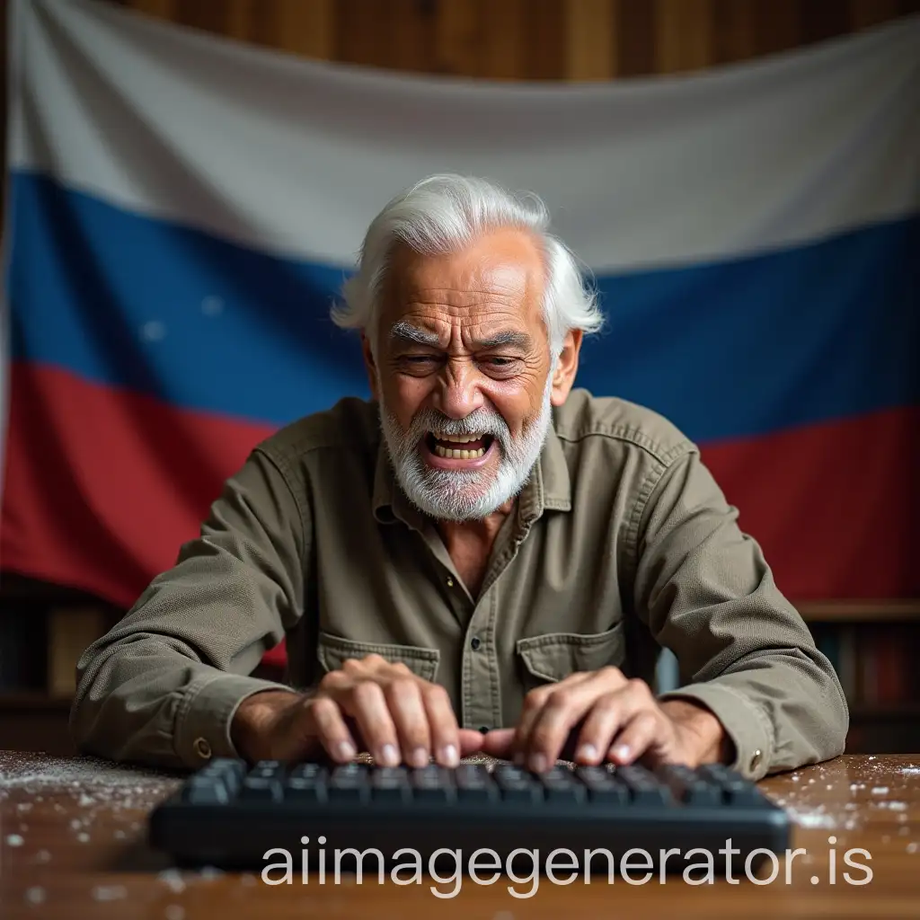 Angry-Elderly-Man-in-Retirement-Home-Breaking-Keyboard-with-Russian-Flag-Background