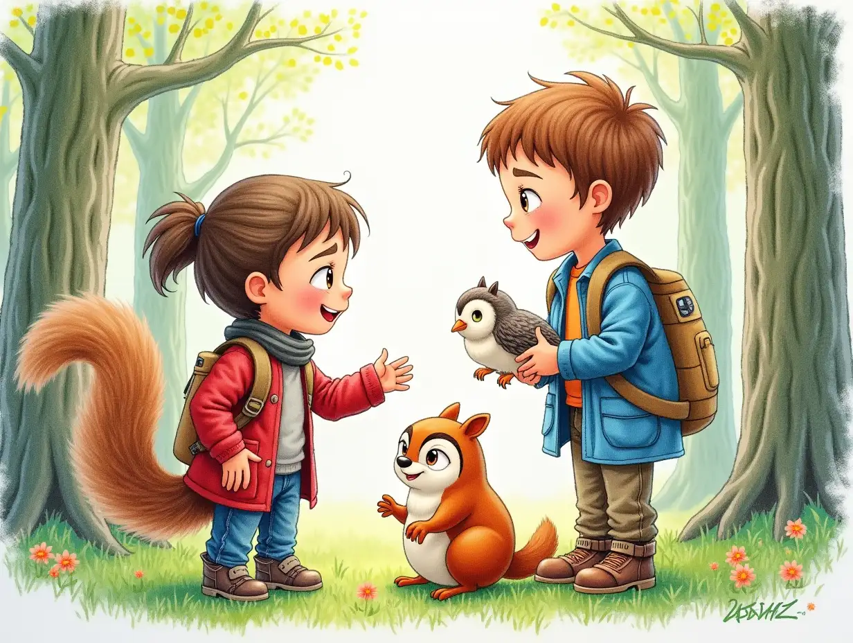 Detailed drawing with color pencil of a friendship between two children, an owl and a squirrel, in a forest setting, perfect for a children's science fiction book. There is space between the figures, the figures do not touch