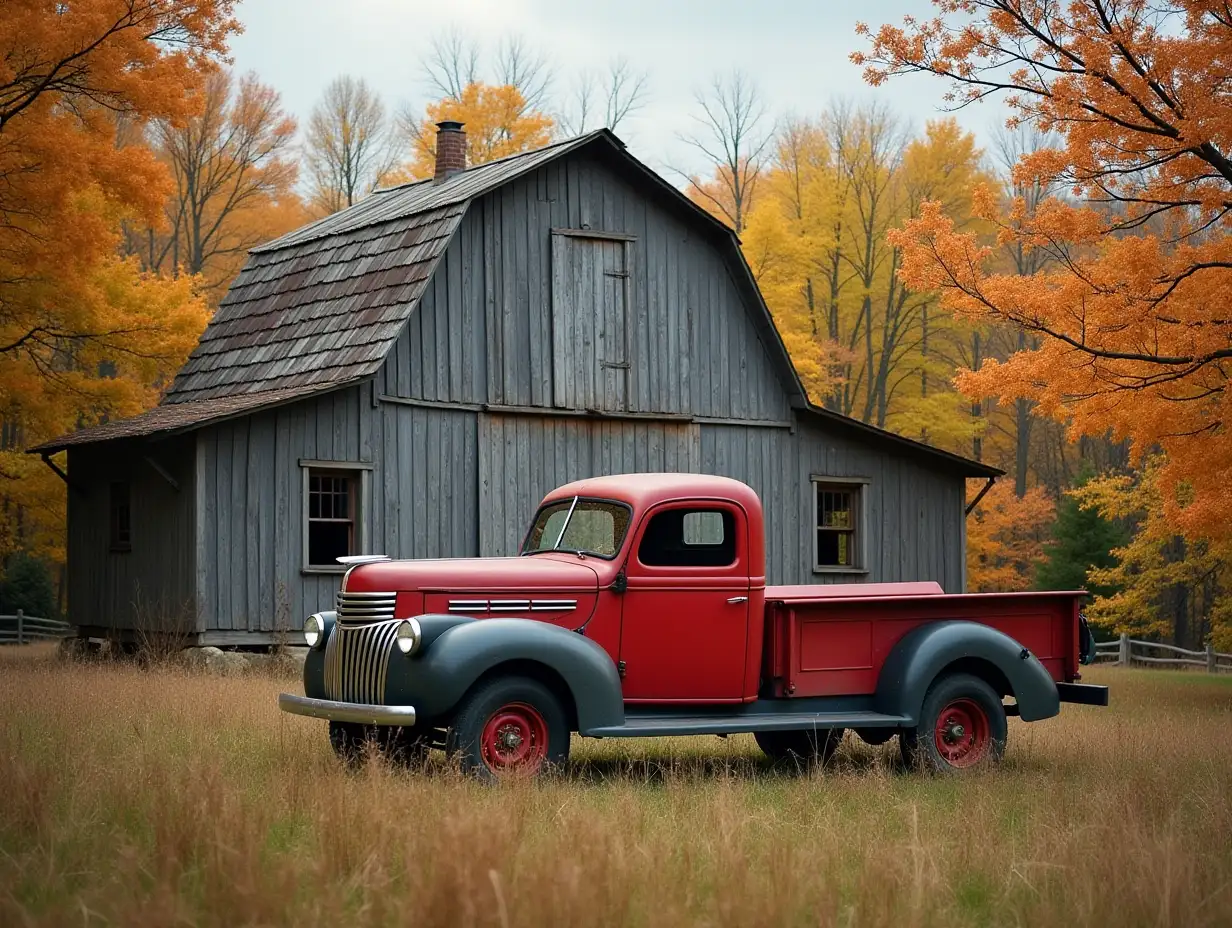 Grey old barn, red truck,  trees in fall