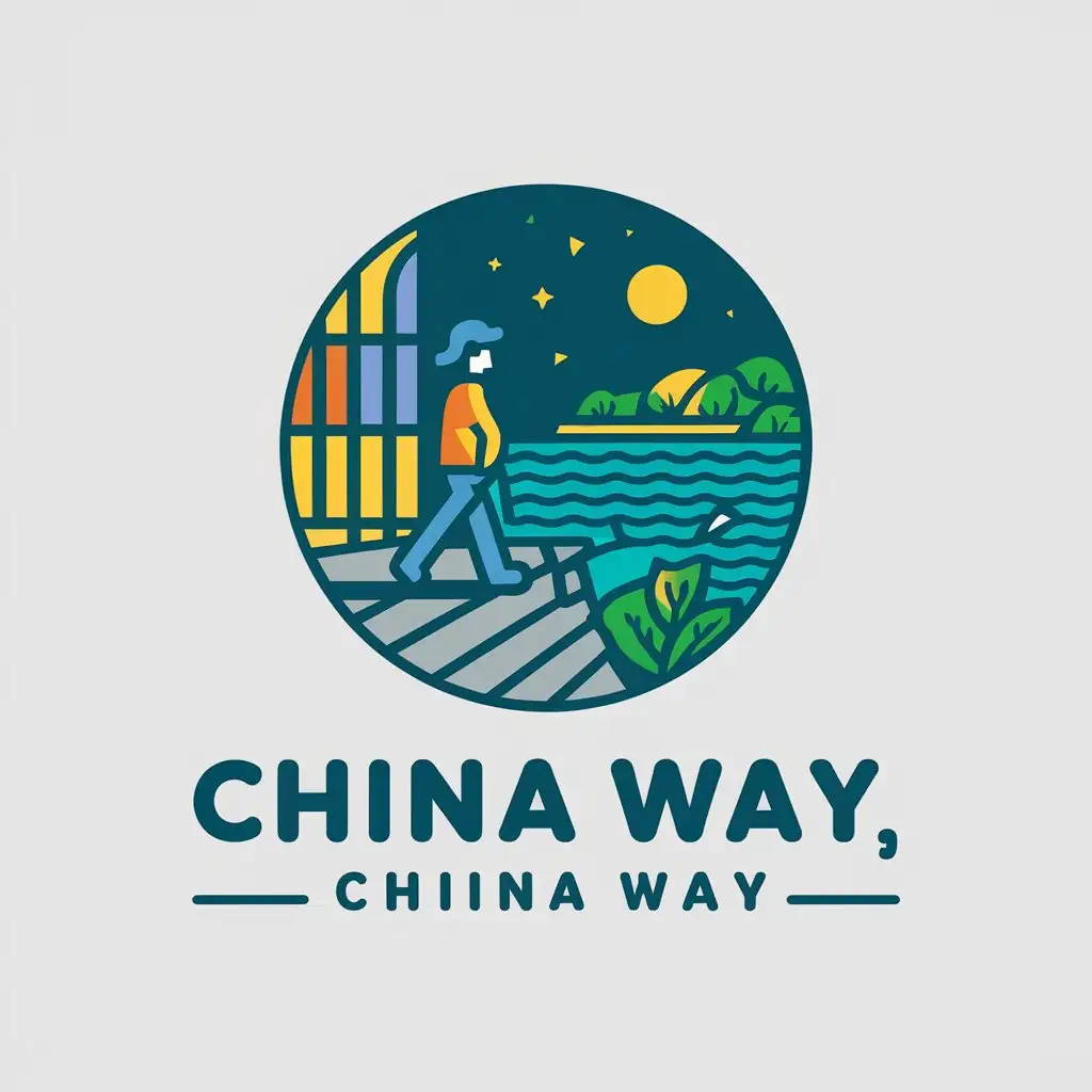 a vector logo design,with the text "CW, CHINA WAY", main symbol:a walk in the streets, sea, green places, night walks,Moderate,be used in Internet industry,clear background