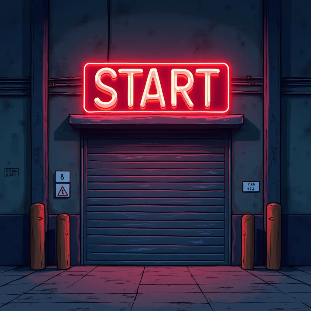 a large cartoon neon warehouse with closed doors and sign START SKLAD ASTAHOVA