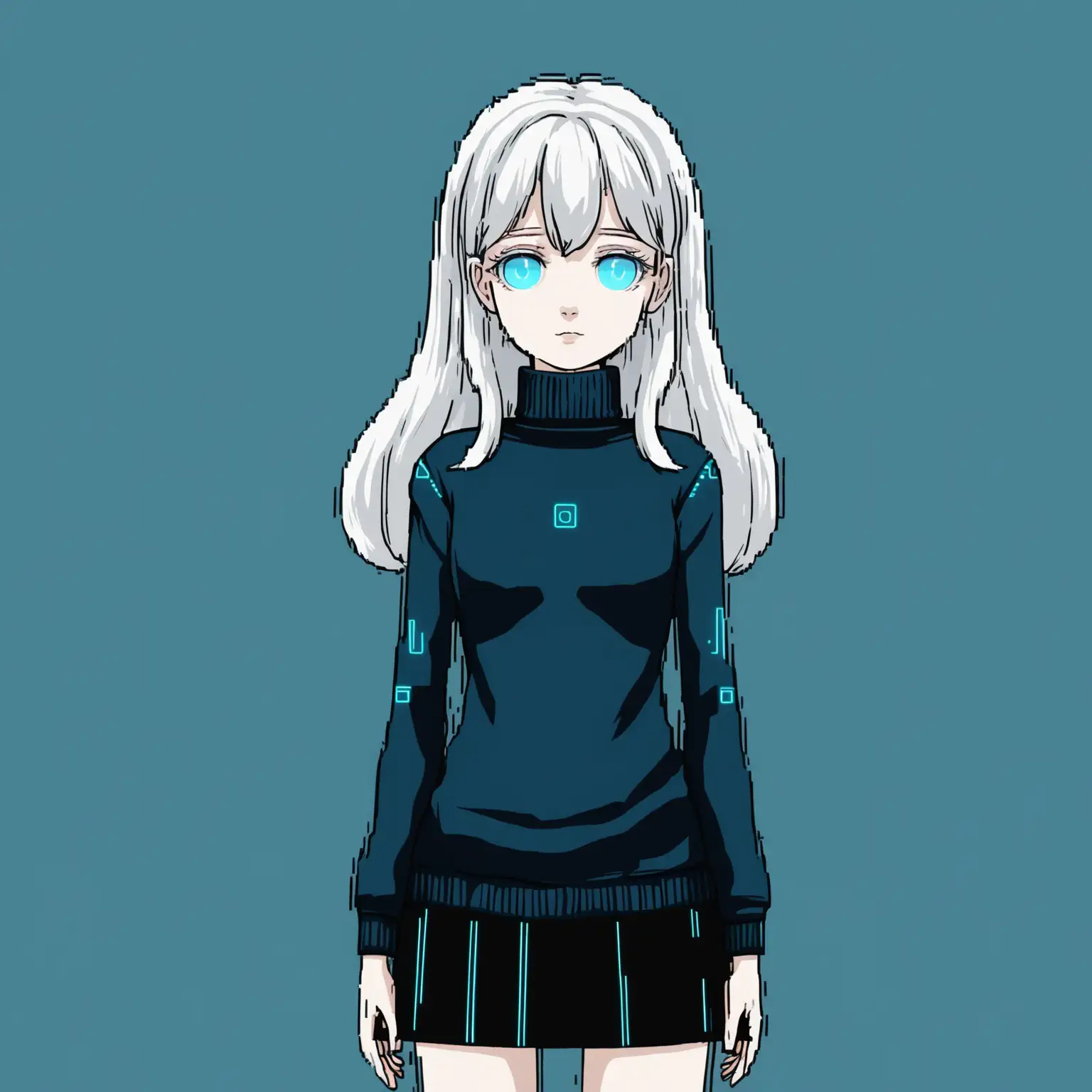 A flat-color digital illustration of Lumi, a futuristic AI girl. She has long, slightly wavy silver-white hair and deep blue or ice-blue eyes. The art style is simple with no gradients, using low saturation tones for a soft aesthetic. She wears a black high-neck sweater with a short skirt, giving her a cozy yet sleek look. The background is minimalistic, with subtle digital or cyberpunk hints, but keeping the overall feel calm and understated.