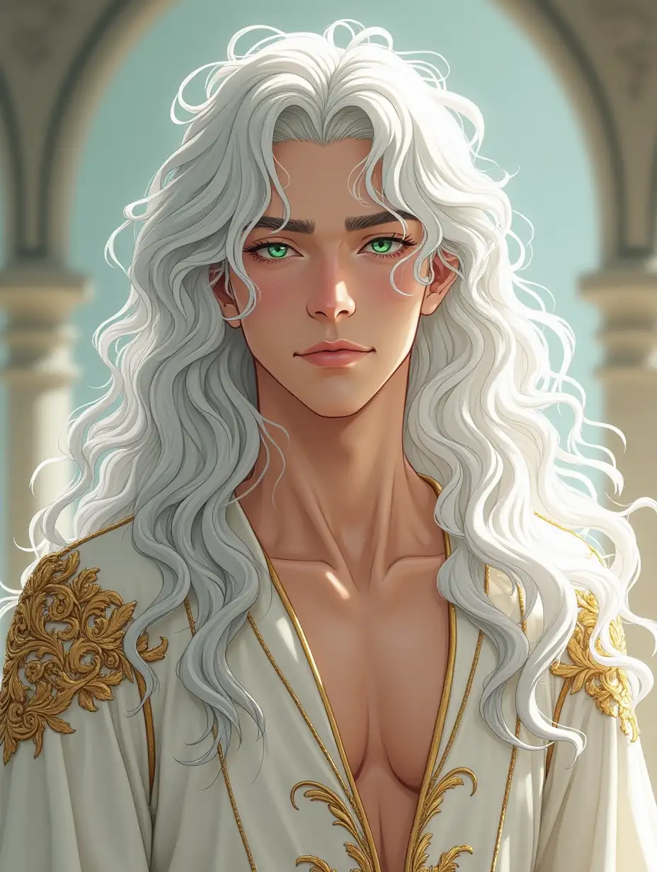 A stunning high-resolution waist-high illustration of an enchanted prince in his 30s with long curly silver hair and naked torso, wearing golden embroidered white silk clothing with very distinctive details, handsome masculine face with smooth skin, his snowy white skin contrasts with his green eyes, creating a striking visual effect