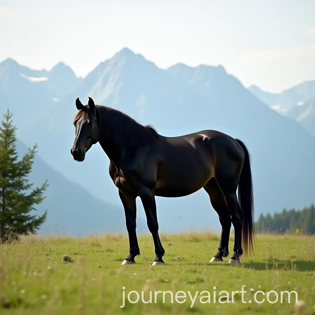 Unbridled-Black-HorseAI-Image-Prompt-Expansion-Grazing-in-a-Meadow-with-Mountain-Backdrop