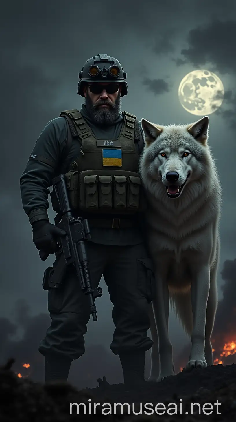 Tactical Soldier with Ukrainian Flag Patch and Wolf in Moonlit War Zone