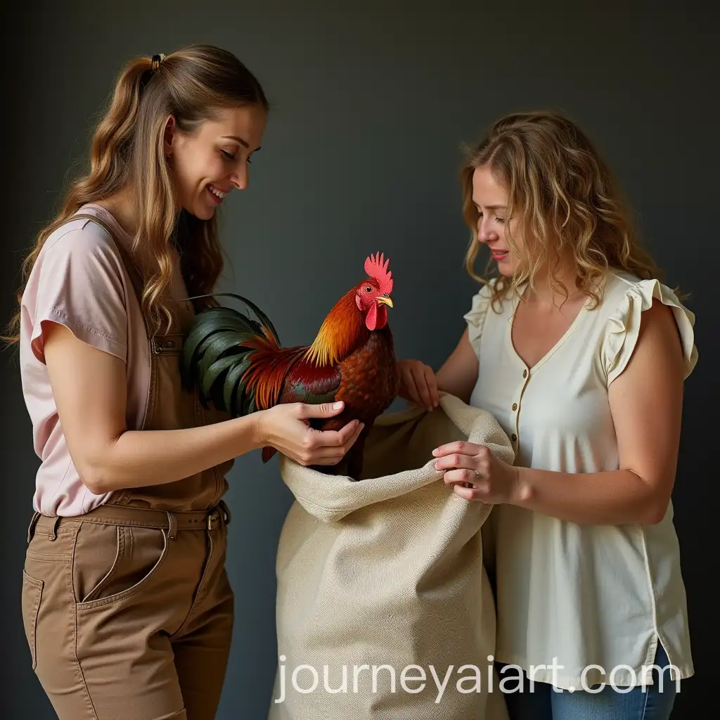 Women-Handling-Rooster-and-Preparing-to-Store-It-in-Large-Cloth-Bag