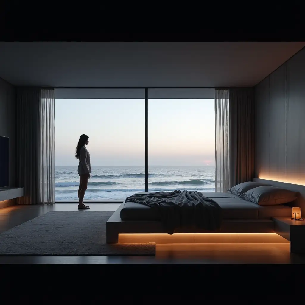 Modern-Korean-Woman-in-Futuristic-Minimalist-Bedroom-with-Ocean-View