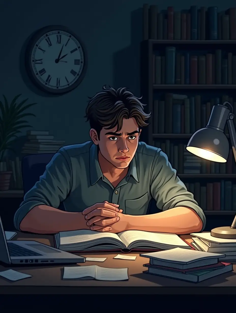 Stressed-Young-Man-Studying-at-Desk-Surrounded-by-Books-and-Papers