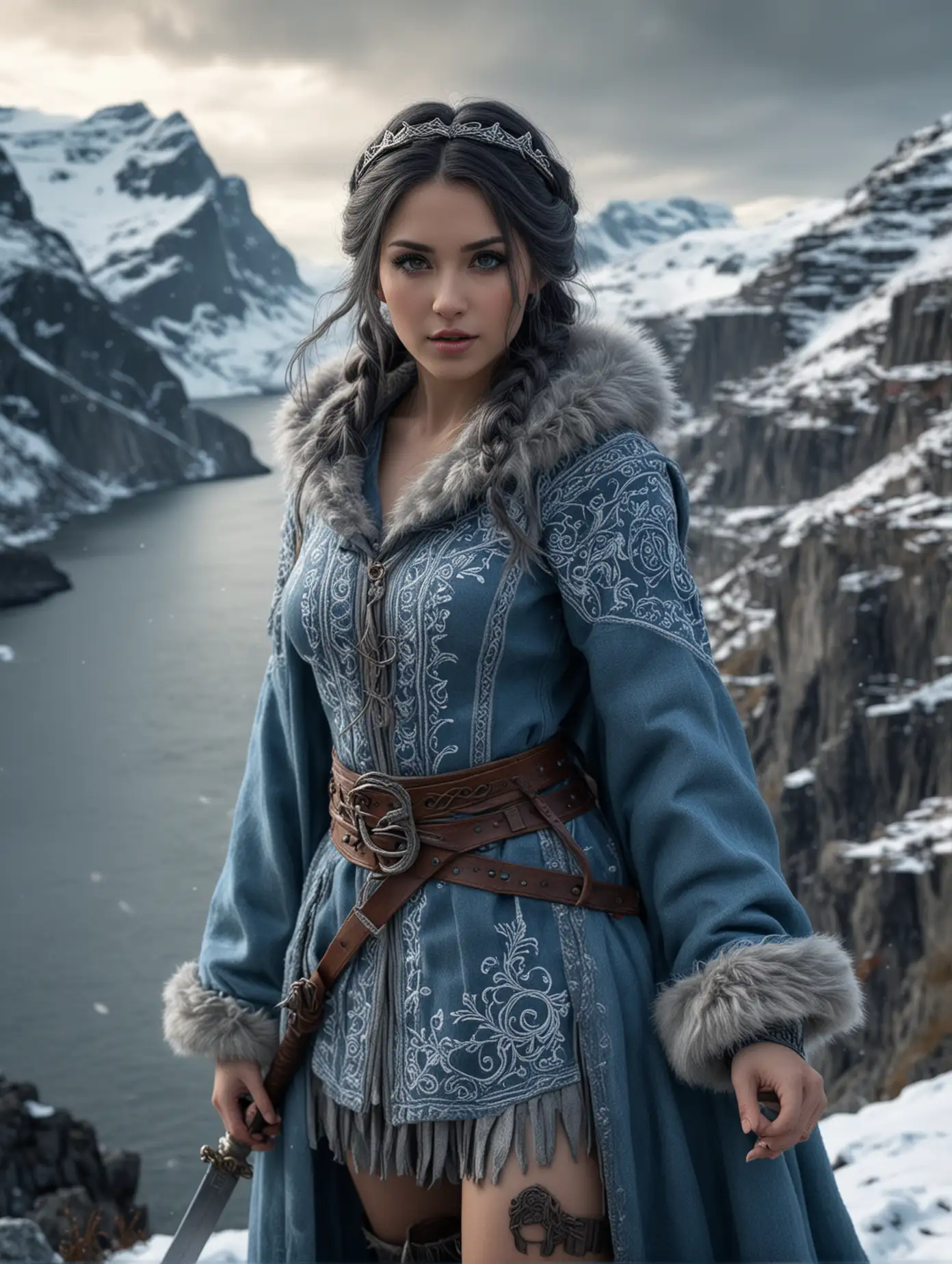 Whimsical style, Sketch of eye level view captured, Surealism style, digital picture mode, norwegian legend story themed, beautiful Maria Ozawa with amazing character cleavage, long dark grey hair braided into a crown, icy blue eyes, wearing a short blue woolen tunic with a Viking pattern and a dense fur-lined cape, standing on a snowy mountain slope with a fjord in the background, dynamic fighting pose, holding a sword with intricate carvings, glowing skin, full body, dynamic pose, life size, perfect anatomy, full HD, 4K, HDR, anatomy perfect, colorful pen sketchy draw, hand drawn, dark, gritty, realistic sketch, rough sketch, mix of bold dark lines and loose lines, amazing landscape view background, on canvas, extremely detailed, masterpiece art