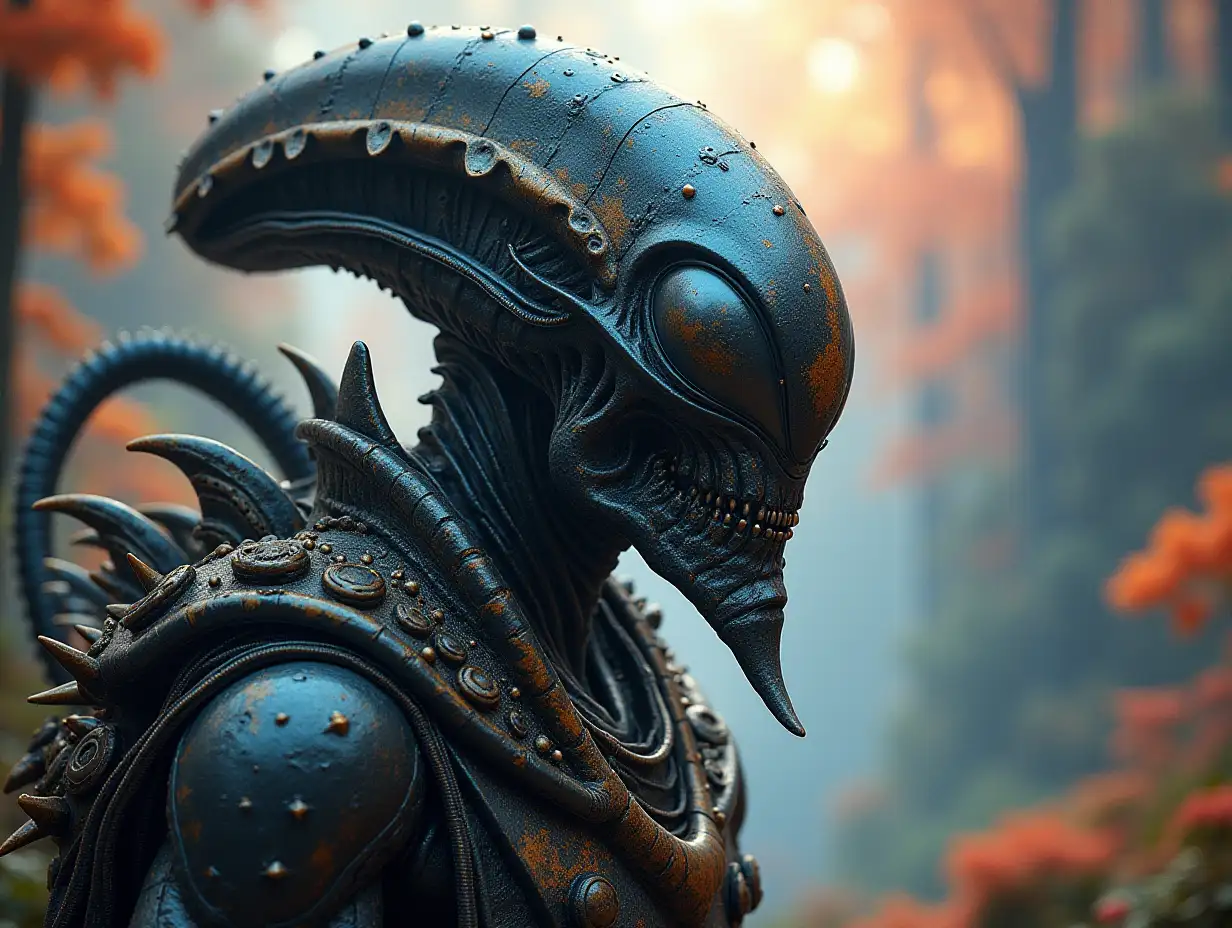 Hyperrealistic portrait of a gpanzerter metal alien king 10 meters tall with the intricately detailed, colorful forested planet background