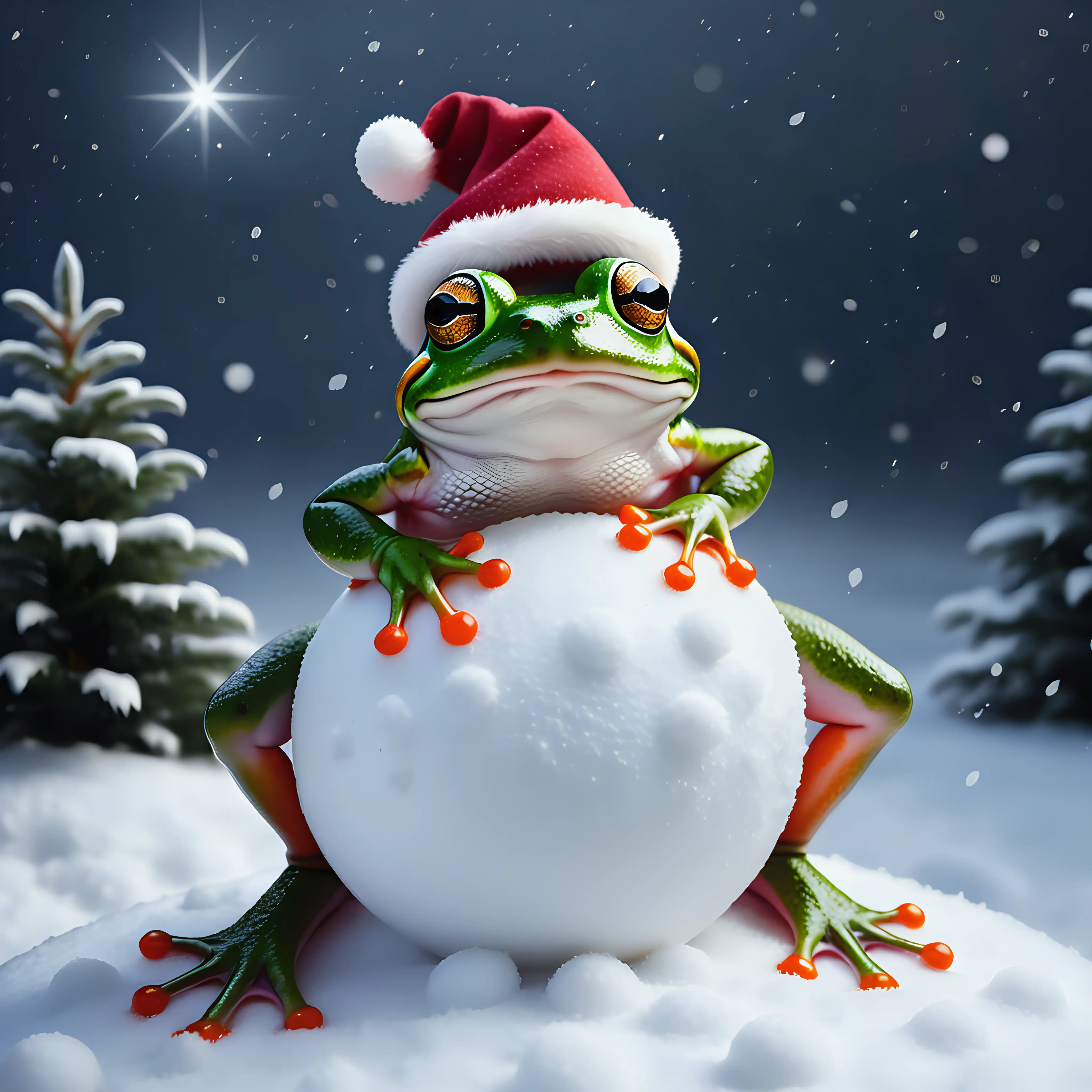 Whimsical Frog on a Snowman in a Magical Winter Wonderland