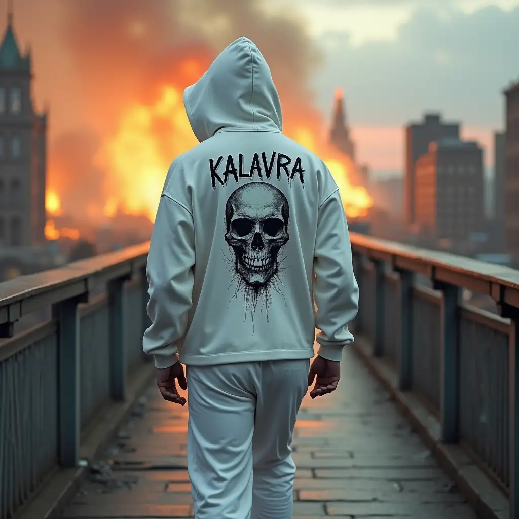 he is a full-body rapper, dressed in white and hooded, he is walking on a bridge, he is facing away, in the background there is a burning and destroyed city, on his back is written the word 'KALAVRA' with a sinister skull