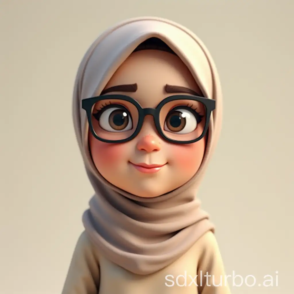 Create a realistic 3D Character in a realistic cartoon style with big head. A 25 year old Indonesian woman wearing cream hijab, Tall, slender body, oval face shape, thin eyebrows, dull eyes, wearing large black framed square glasses, smiling thinly with closed mouth. wearing a brown syar'i hijab, round face, big nose, wide smile and has a mole on her right cheekbone. UHD 64k