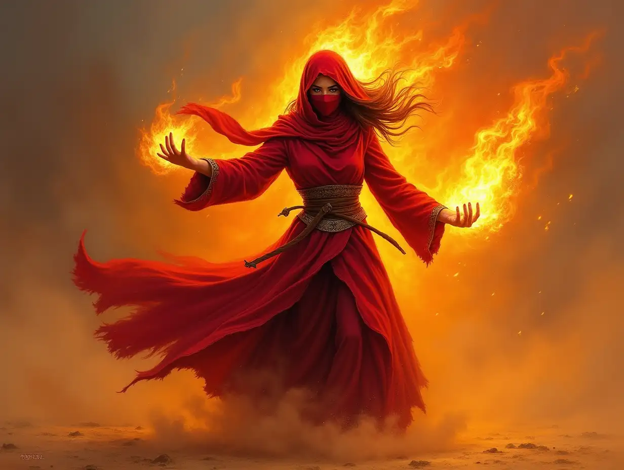 full body oil painting dynamic pose of the beautiful female fire genie engulfed in flames in dark red flowing robes with a red cloth covering her face like a ninja with slits for the eyes, eyes glaring intensely, her right hand burning her empty left hand empty style from AD&D, on a dusty battle field in the desert, fending off hordes of barbarians, tense atmosphere in the style of a fantasy oil painting of Larry Elmore